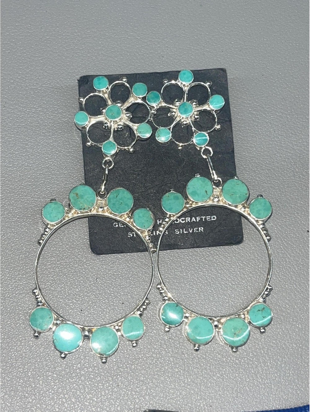 Native American Zuni sterling silver inlay turquoise earrings chandelier